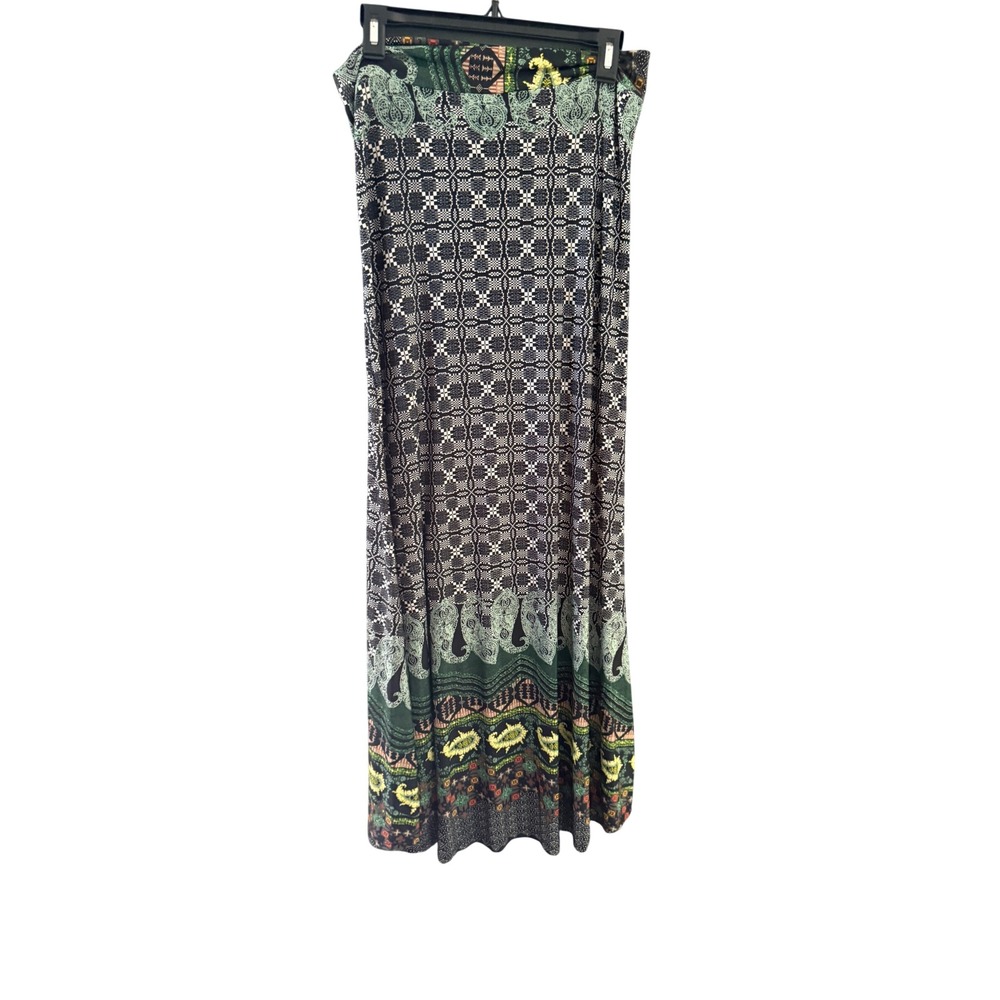 SJ Boho Large Black Green‎ Paisley Geometric Print Strapless Midi Made in USA L
